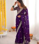 Purple color designer fandy satin silk saree with sequins embroidery & cutwork border