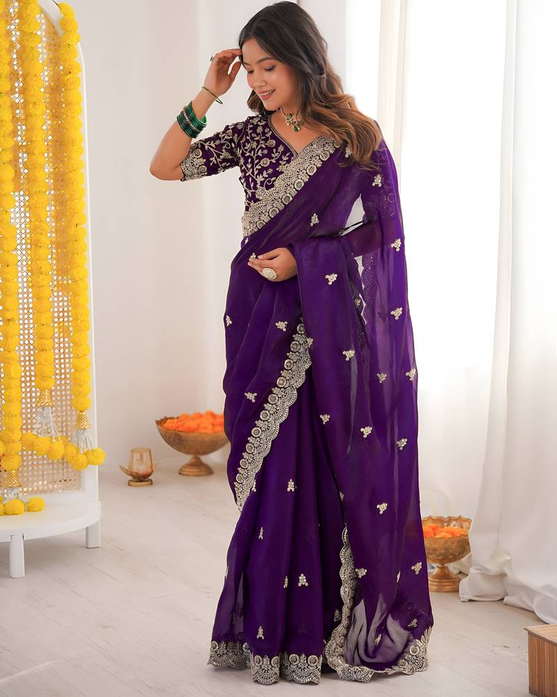 Purple color designer fandy satin silk saree with sequins embroidery & cutwork border
