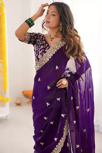 Purple color fandy satin silk blend saree with sequins embroidery & cutwork border
