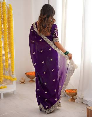 Purple color fandy satin silk blend saree with sequins embroidery & cutwork border 3