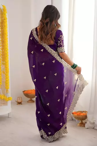 Purple color fandy satin silk blend saree with sequins embroidery & cutwork border