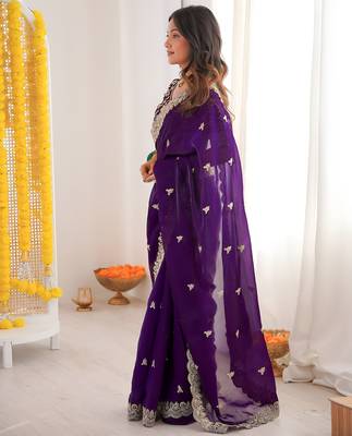 Purple color fandy satin silk blend saree with sequins embroidery & cutwork border 4