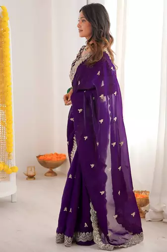 Purple color fandy satin silk blend saree with sequins embroidery & cutwork border