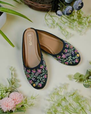 dark blue floral embroidered ethnic flats for women 1