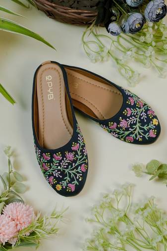 dark blue floral embroidered ethnic flats for women