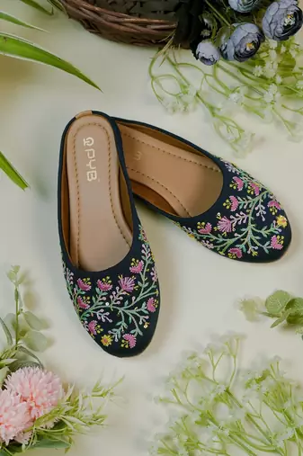 dark blue floral embroidered ethnic flats for women
