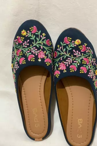 dark blue floral embroidered ethnic flats for women