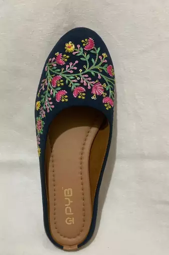 dark blue floral embroidered ethnic flats for women