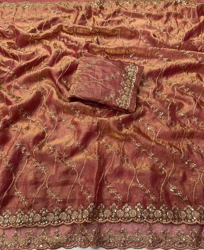 Peach pure space silk saree with beautiful sequence embroidery work with cut work border