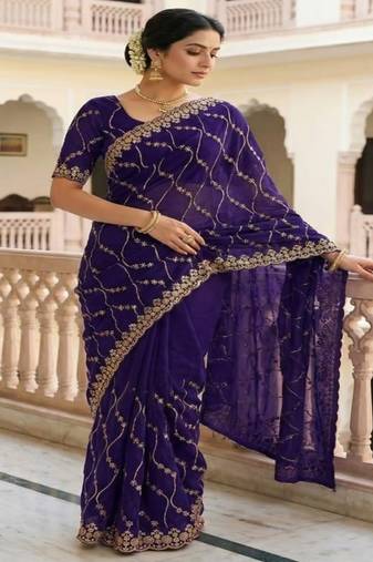 Purple pure space silk saree with beautiful sequence embroidery work with cut work border