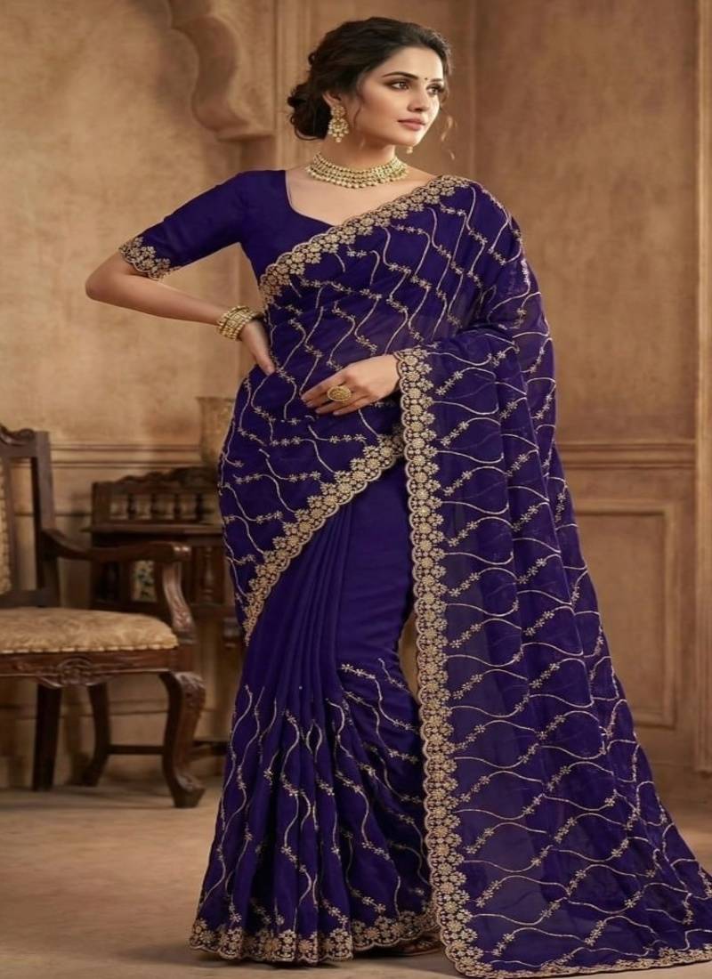 Purple pure space silk saree with beautiful sequence embroidery work with cut work border