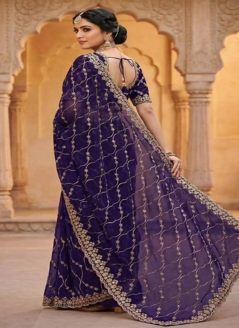 Purple pure space silk saree with beautiful sequence embroidery work with cut work border