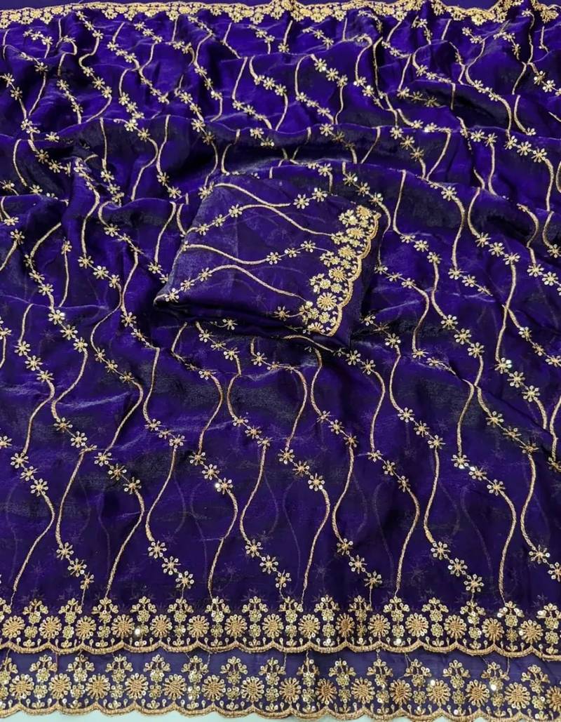 Purple pure space silk saree with beautiful sequence embroidery work with cut work border