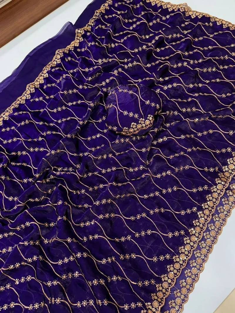 Purple pure space silk saree with beautiful sequence embroidery work with cut work border