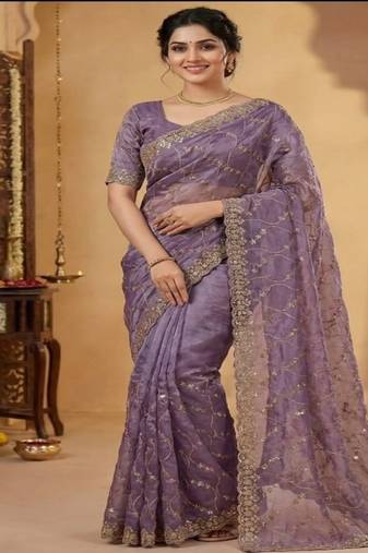 Lavender pure space silk saree with beautiful sequence embroidery work with cut work border