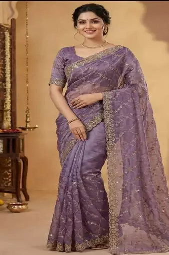 Lavender pure space silk saree with beautiful sequence embroidery work with cut work border