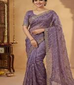 Lavender pure space silk saree with beautiful sequence embroidery work with cut work border