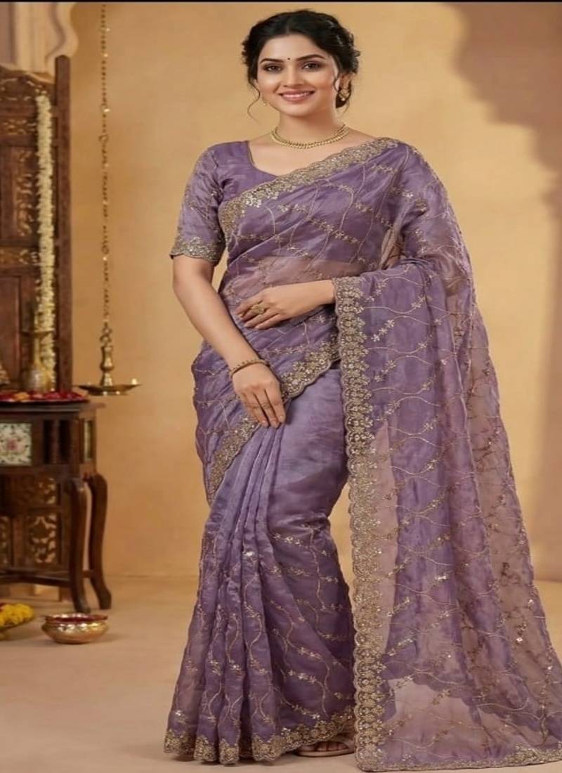 Lavender pure space silk saree with beautiful sequence embroidery work with cut work border