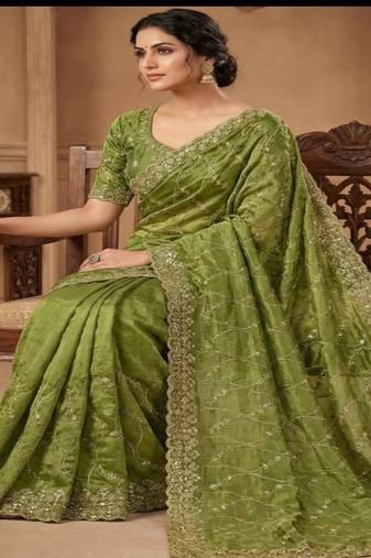Parrot green pure space silk saree with beautiful sequence embroidery work with cut work border