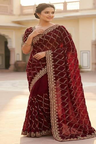Maroon pure space silk saree with beautiful sequence embroidery work with cut work border