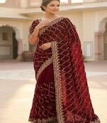 Maroon pure space silk saree with beautiful sequence embroidery work with cut work border