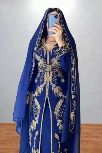 Luxurious navi blue kaftan with golden work stitched dress