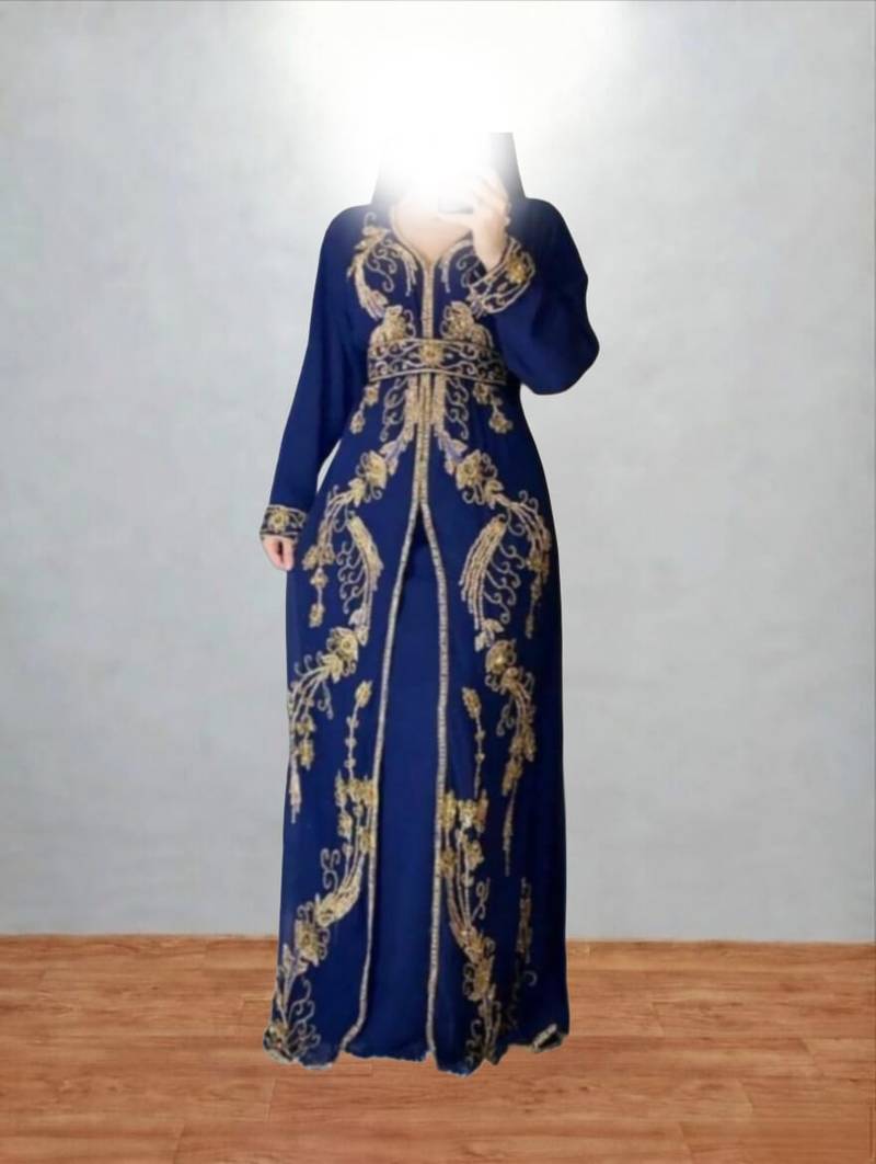 Luxurious navi blue kaftan with golden work stitched dress