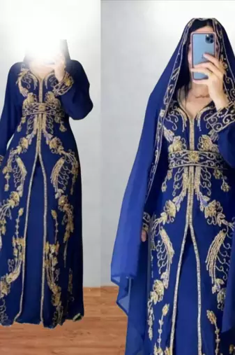 Luxurious navi blue kaftan with golden work stitched dress