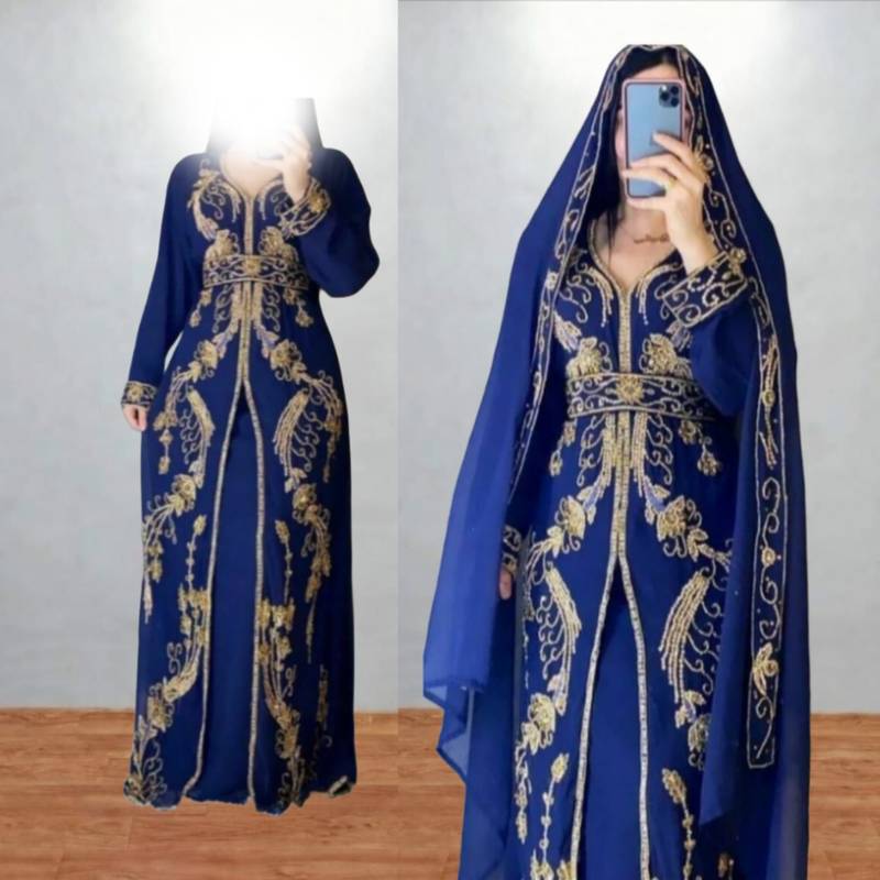 Luxurious navi blue kaftan with golden work stitched dress