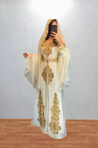 Luxurious off-white Kaftan With Gold Work Stitched Dress