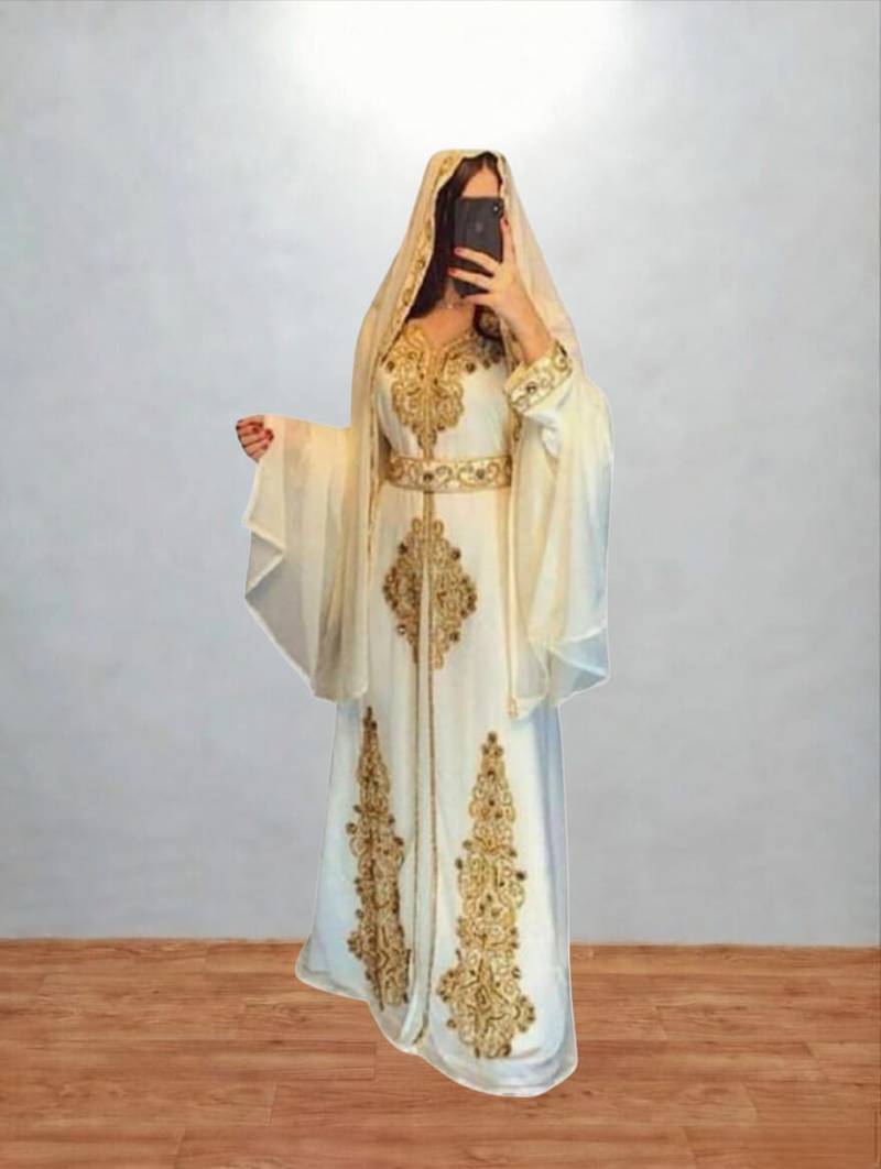 Luxurious off-white Kaftan With Gold Work Stitched Dress