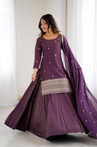 Purple color zari sequince embroidered work roman shimmer chanderi silk anarkali set