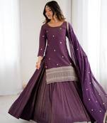 Purple color zari sequince embroidered work roman shimmer chanderi silk anarkali set