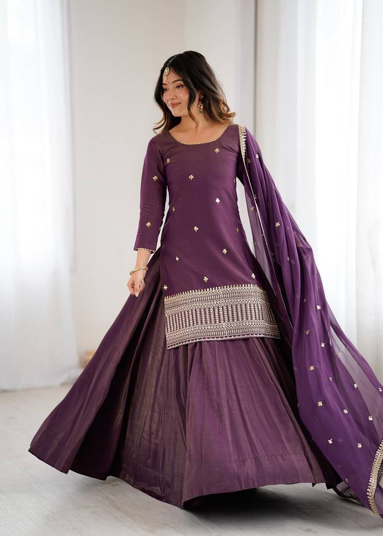 Purple color zari sequince embroidered work roman shimmer chanderi silk anarkali set