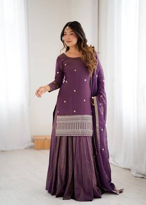 Purple zari sequince embroidered work roman shimmer chanderi silk blend anarkali set 2