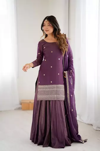 Purple color zari sequince embroidered work roman shimmer chanderi silk blend anarkali set