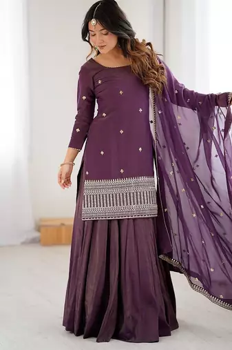 Purple color zari sequince embroidered work roman shimmer chanderi silk blend anarkali set