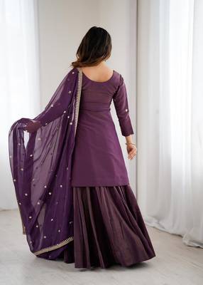 Purple zari sequince embroidered work roman shimmer chanderi silk blend anarkali set 5