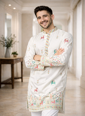 White color multi thread embroidery work silk kurta payjama set 1