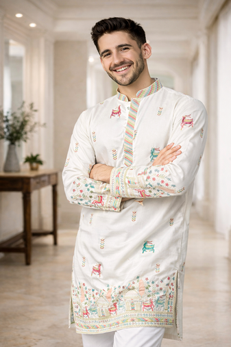 White color multi thread embroidery work silk kurta payjama set