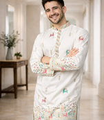 White color multi thread embroidery work silk kurta payjama set