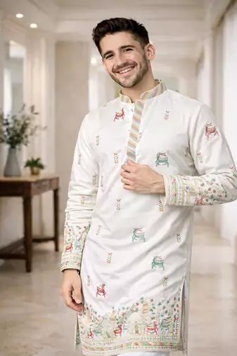 White color multi thread embroidery work silk kurta payjama set