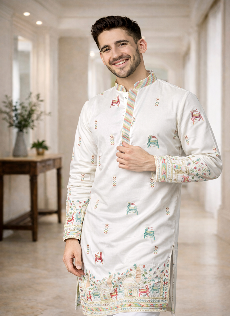 White color multi thread embroidery work silk kurta payjama set