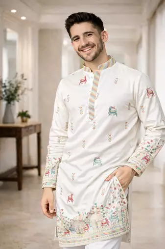 White color multi thread embroidery work silk kurta payjama set