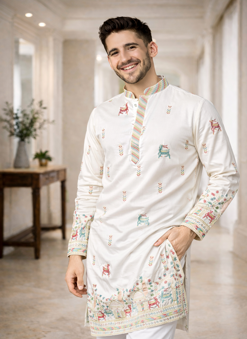 White color multi thread embroidery work silk kurta payjama set