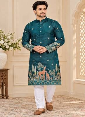 teal cotton kurta pajama with multi-thread embroidery 1