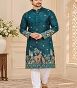 teal cotton kurta pajama with multi-thread embroidery
