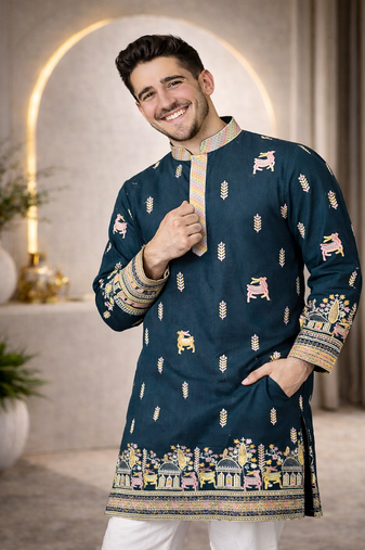 Teal color multi thread embroidery work silk kurta payjama set