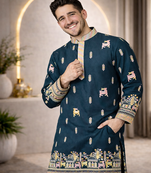Teal color multi thread embroidery work silk kurta payjama set
