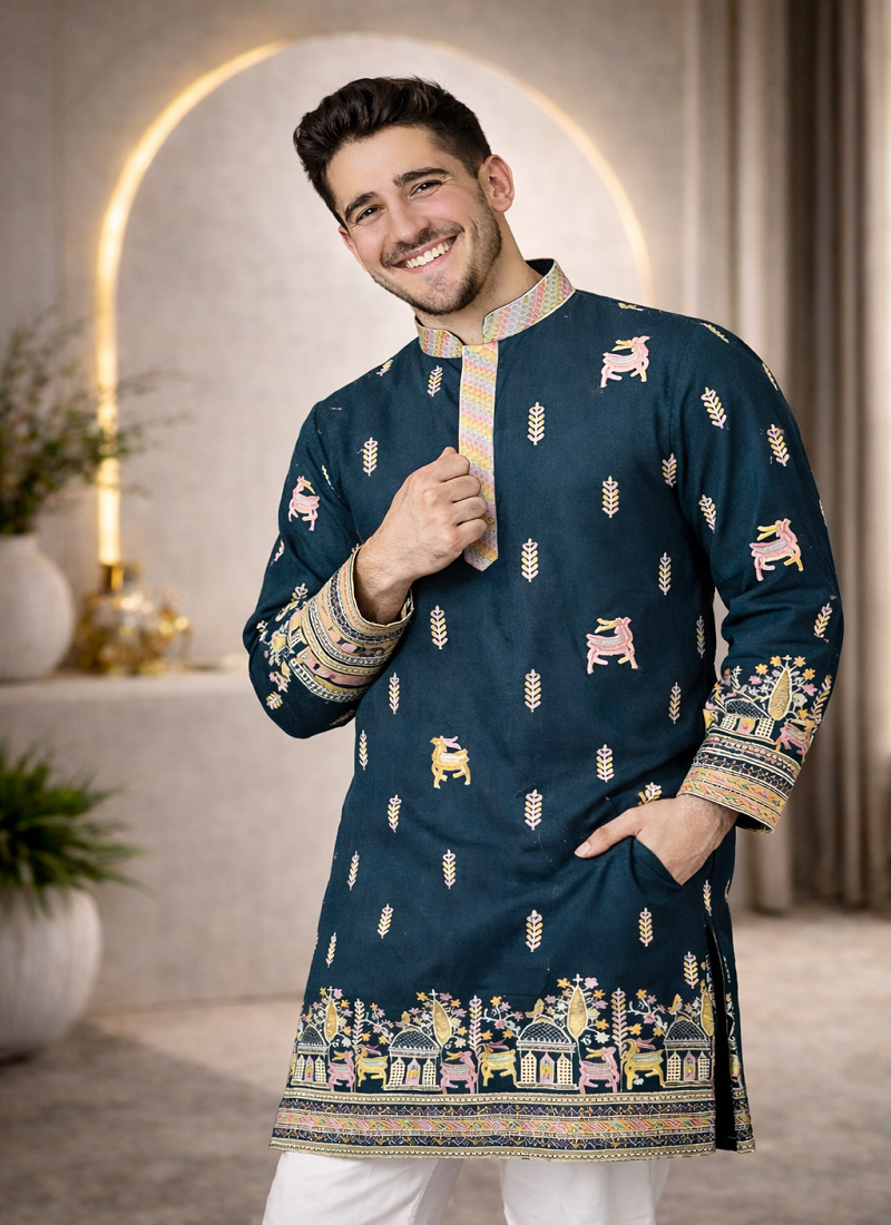 Teal color multi thread embroidery work silk kurta payjama set